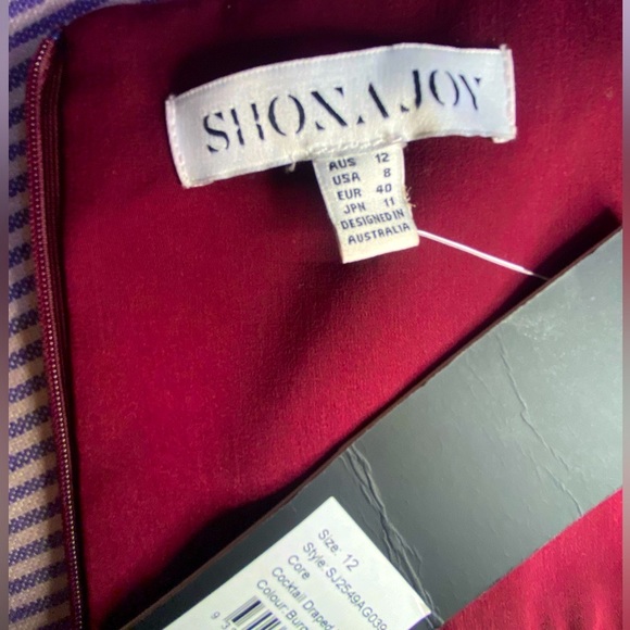 Shona Joy Port Wine Midi Cocktail Dress Sz 12 NWT – Draped Asymmetric Hem - Picture 6 of 7